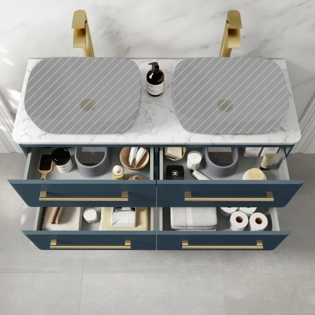 Omaha Navy Blue Wall Hung Drawer Vanity with Marble Top 1200mm (Excludes Counter Top Basin) - Brushed Brass Accents