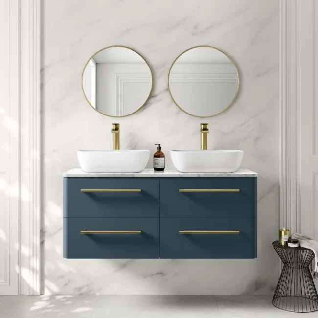 Omaha Navy Blue Wall Hung Drawer Vanity with Marble Top & Curved Counter Top Basin 1200mm - Brushed Brass Accents