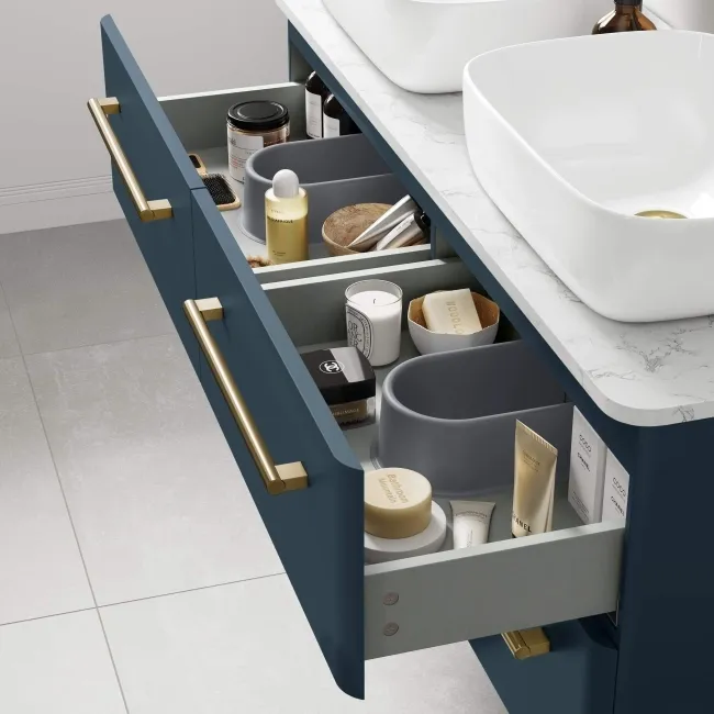Omaha Navy Blue Wall Hung Drawer Vanity with Marble Top & Curved Counter Top Basin 1200mm - Brushed Brass Accents