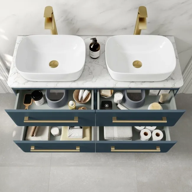Omaha Navy Blue Wall Hung Drawer Vanity with Marble Top & Curved Counter Top Basin 1200mm - Brushed Brass Accents