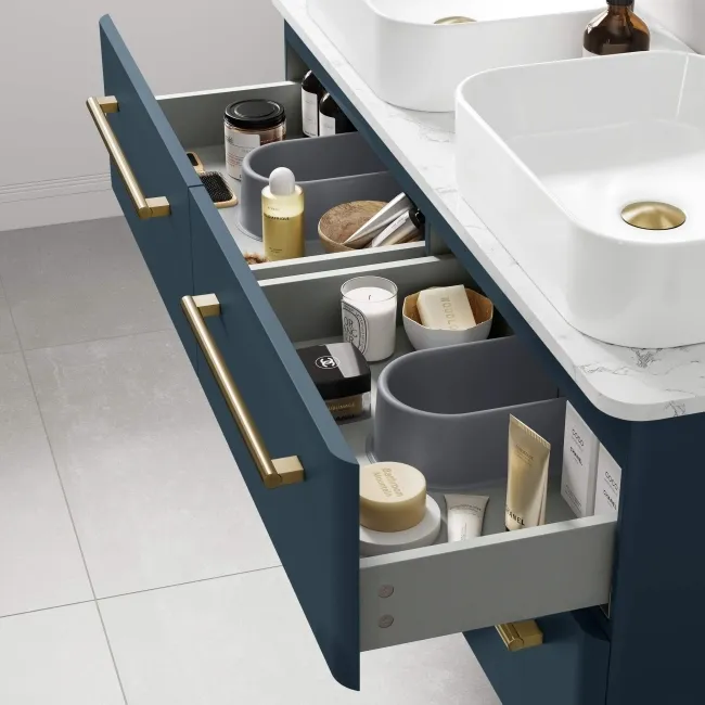 Omaha Navy Blue Wall Hung Drawer Vanity with Marble Top & Marin Basin 1200mm - Brushed Brass Accents