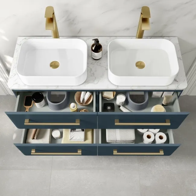 Omaha Navy Blue Wall Hung Drawer Vanity with Marble Top & Marin Basin 1200mm - Brushed Brass Accents