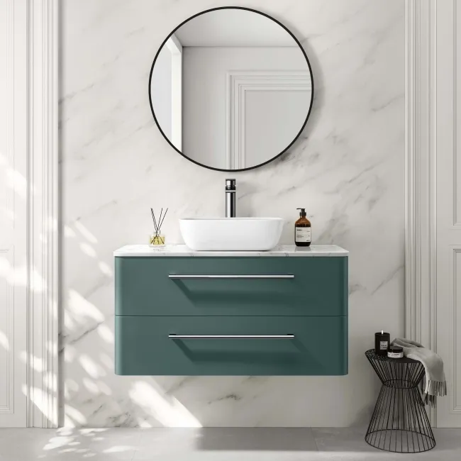 Omaha Mystic Green Wall Hung Drawer Vanity with Marble Top & Curved Counter Top Basin 1000mm