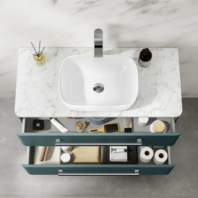 Omaha Mystic Green Wall Hung Drawer Vanity with Marble Top & Curved Counter Top Basin 1000mm