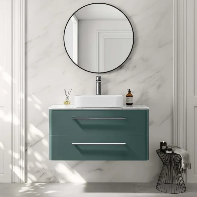 Omaha Mystic Green Wall Hung Drawer Vanity with Marble Top & Marin Basin 1000mm