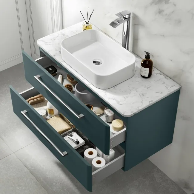 Omaha Mystic Green Wall Hung Drawer Vanity with Marble Top & Marin Basin 1000mm