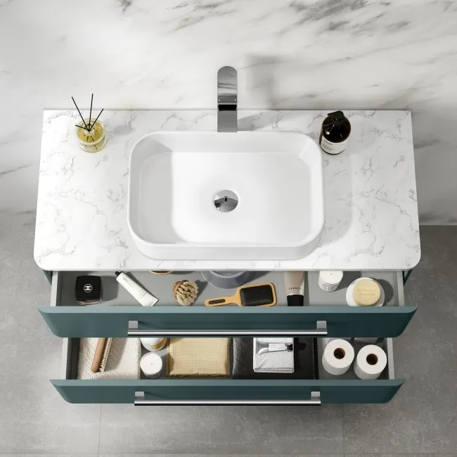 Omaha Mystic Green Wall Hung Drawer Vanity with Marble Top & Marin Basin 1000mm