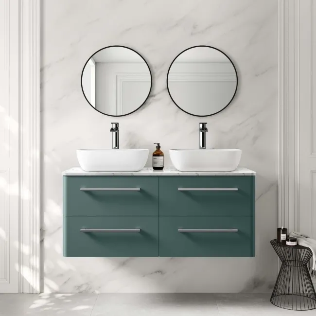 Omaha Mystic Green Wall Hung Drawer Vanity with Marble Top & Curved Counter Top Basin 1200mm