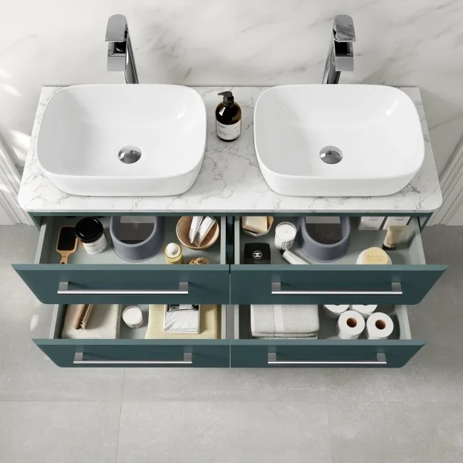 Omaha Mystic Green Wall Hung Drawer Vanity with Marble Top & Curved Counter Top Basin 1200mm