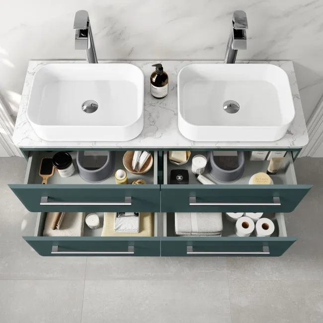 Omaha Mystic Green Wall Hung Drawer Vanity with Marble Top & Marin Basin 1200mm