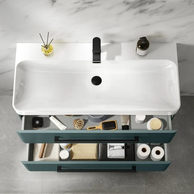 Omaha Mystic Green Wall Hung Basin Drawer Vanity 1000mm - Black Accents