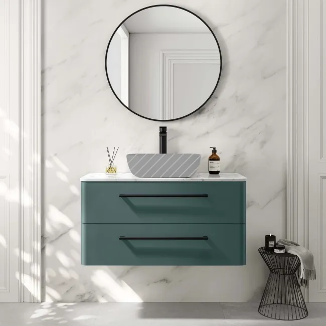 Omaha Mystic Green Wall Hung Drawer Vanity with Marble Top 1000mm (Excludes Counter Top Basin) - Black Accents
