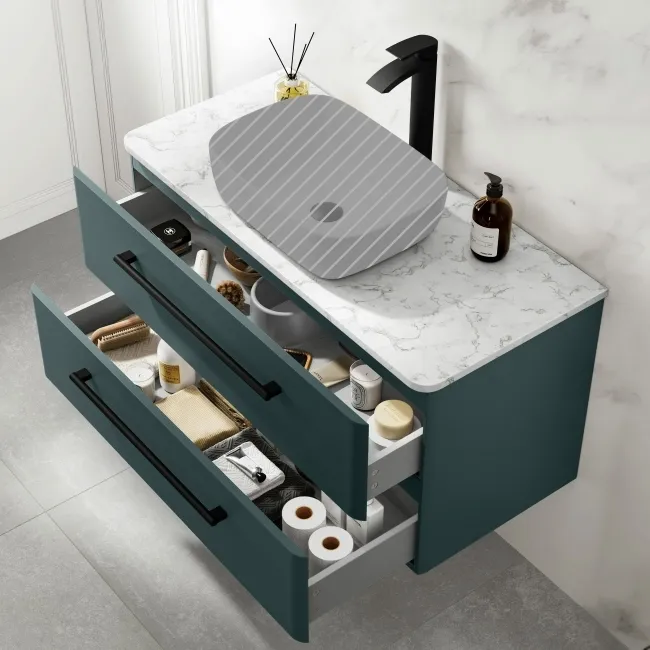 Omaha Mystic Green Wall Hung Drawer Vanity with Marble Top 1000mm (Excludes Counter Top Basin) - Black Accents