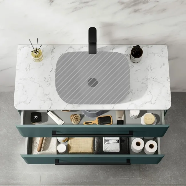 Omaha Mystic Green Wall Hung Drawer Vanity with Marble Top 1000mm (Excludes Counter Top Basin) - Black Accents