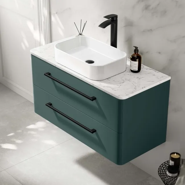 Omaha Mystic Green Wall Hung Drawer Vanity with Marble Top & Marin Basin 1000mm - Black Accents