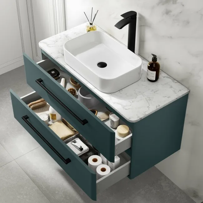 Omaha Mystic Green Wall Hung Drawer Vanity with Marble Top & Marin Basin 1000mm - Black Accents