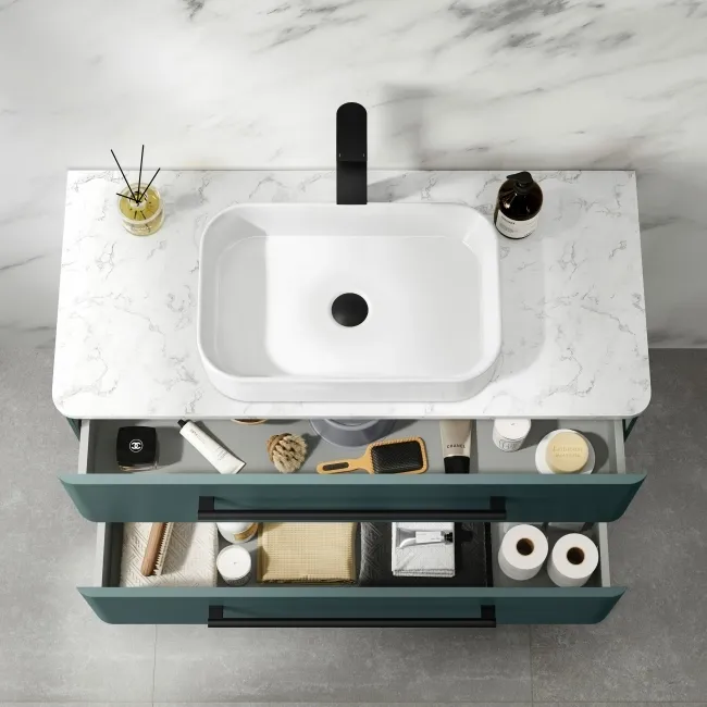 Omaha Mystic Green Wall Hung Drawer Vanity with Marble Top & Marin Basin 1000mm - Black Accents