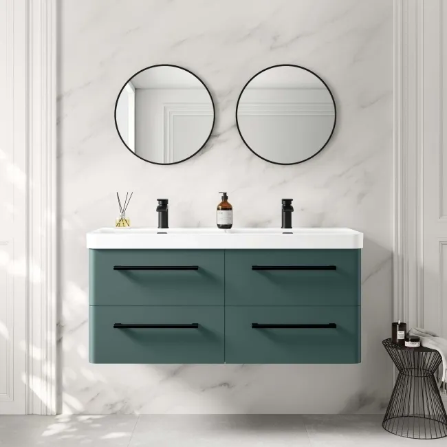 Omaha Mystic Green Wall Hung Double Basin Drawer Vanity 1200mm - Black Accents