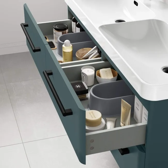 Omaha Mystic Green Wall Hung Double Basin Drawer Vanity 1200mm - Black Accents