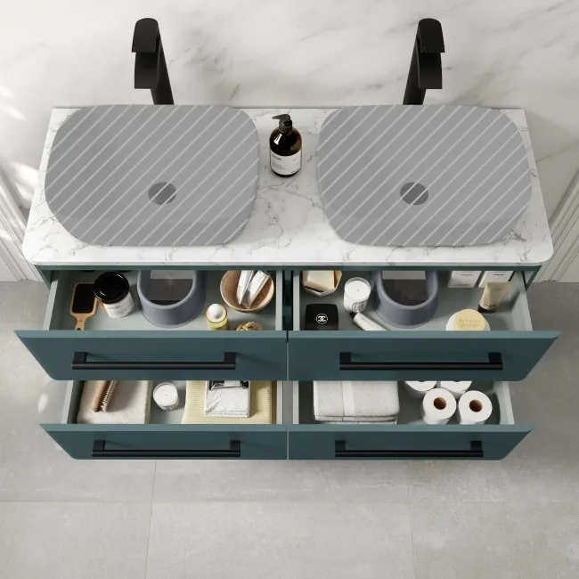 Omaha Mystic Green Wall Hung Drawer Vanity with Marble Top 1200mm (Excludes Counter Top Basin) - Black Accents