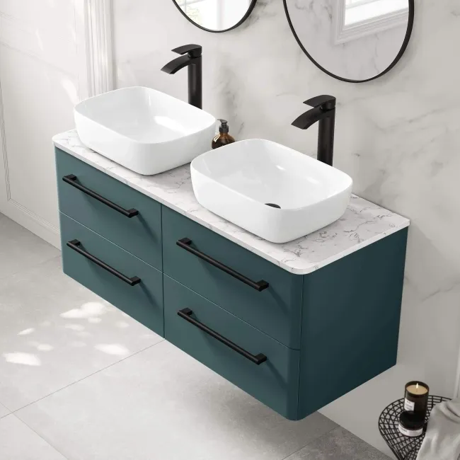 Omaha Mystic Green Wall Hung Drawer Vanity with Marble Top & Curved Counter Top Basin 1200mm - Black Accents