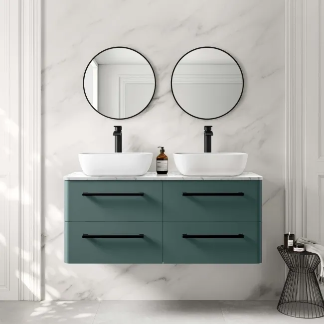 Omaha Mystic Green Wall Hung Drawer Vanity with Marble Top & Curved Counter Top Basin 1200mm - Black Accents