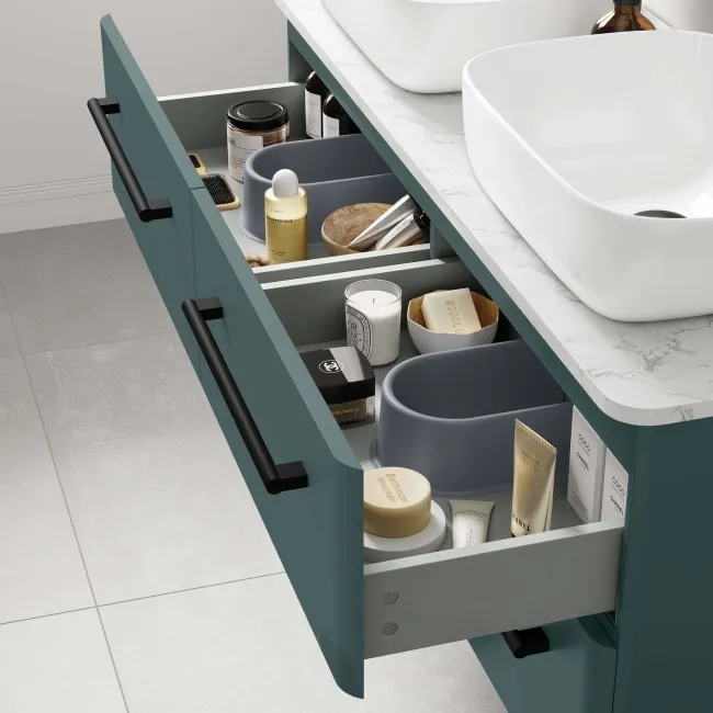 Omaha Mystic Green Wall Hung Drawer Vanity with Marble Top & Curved Counter Top Basin 1200mm - Black Accents