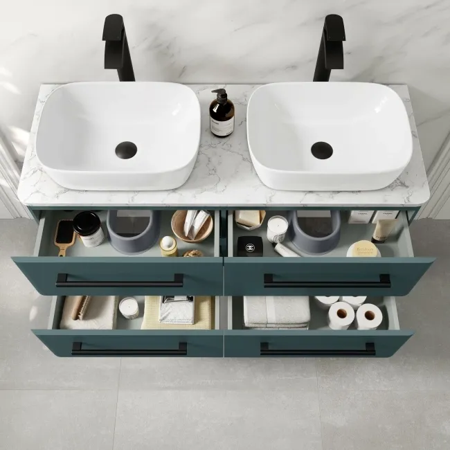 Omaha Mystic Green Wall Hung Drawer Vanity with Marble Top & Curved Counter Top Basin 1200mm - Black Accents