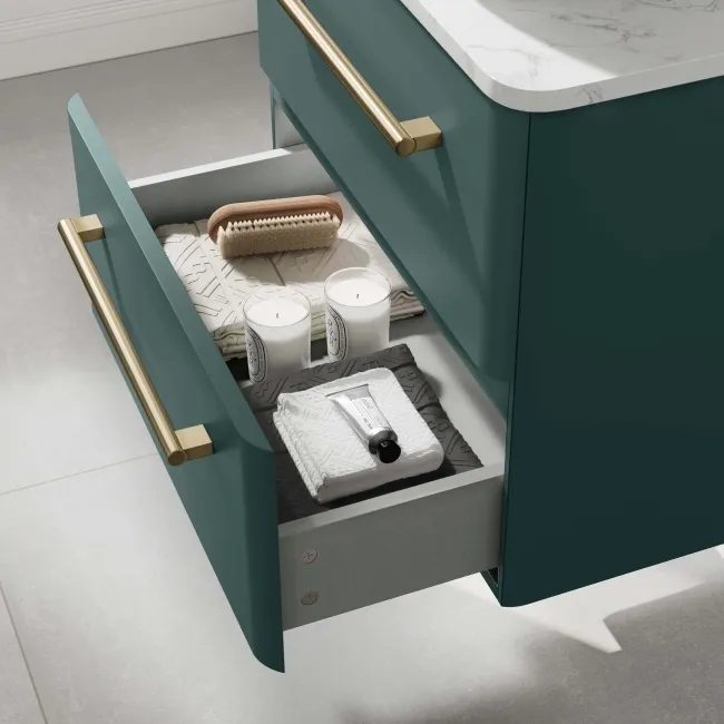 Omaha Mystic Green Wall Hung Drawer Vanity with Marble Top & Curved Counter Top Basin 600mm - Brushed Brass Accents