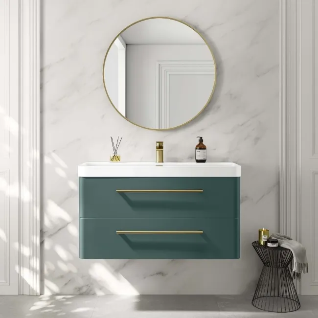 Omaha Mystic Green Wall Hung Basin Drawer Vanity 1000mm - Brushed Brass Accents