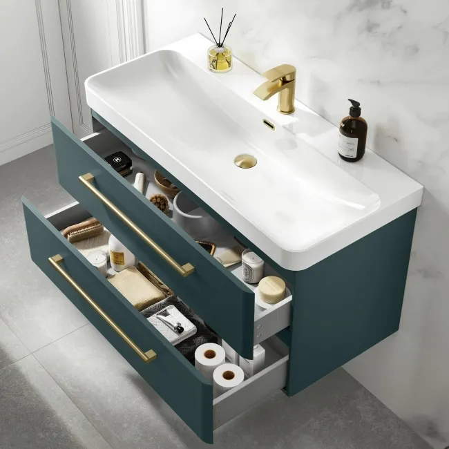 Omaha Mystic Green Wall Hung Basin Drawer Vanity 1000mm - Brushed Brass Accents
