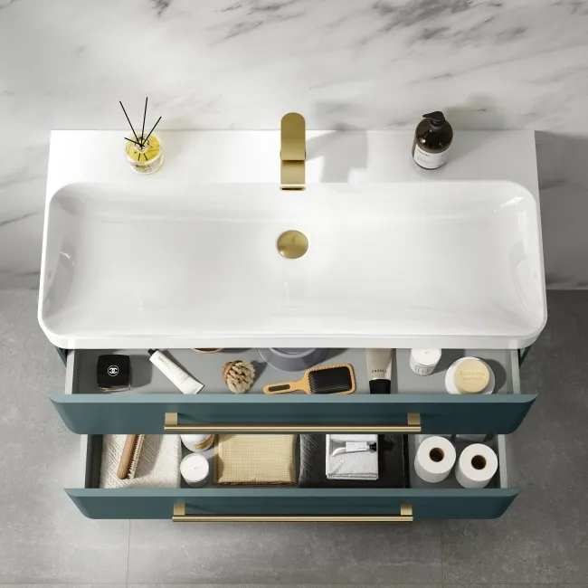 Omaha Mystic Green Wall Hung Basin Drawer Vanity 1000mm - Brushed Brass Accents