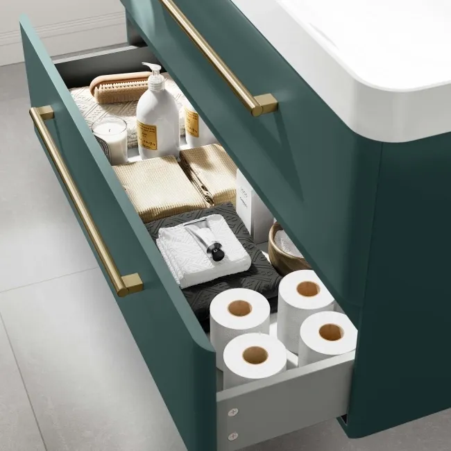 Omaha Mystic Green Wall Hung Basin Drawer Vanity 1000mm - Brushed Brass Accents