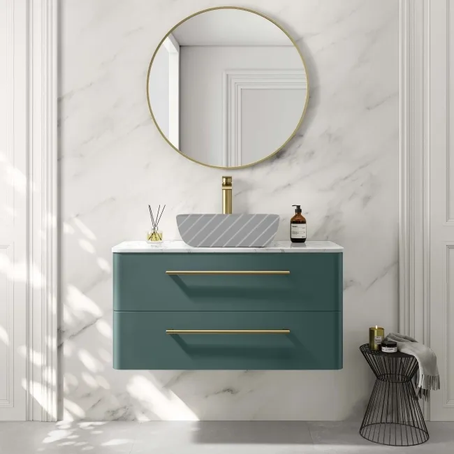 Omaha Mystic Green Wall Hung Drawer Vanity with Marble Top 1000mm (Excludes Counter Top Basin) - Brushed Brass Accents