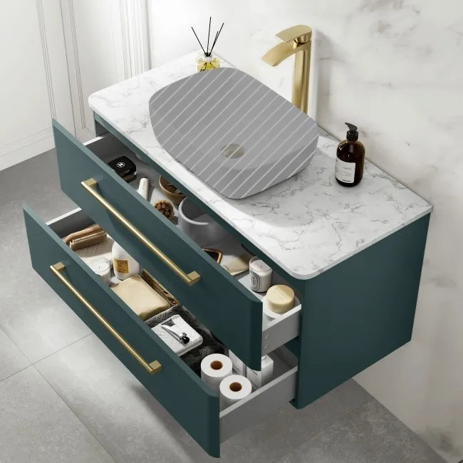 Omaha Mystic Green Wall Hung Drawer Vanity with Marble Top 1000mm (Excludes Counter Top Basin) - Brushed Brass Accents