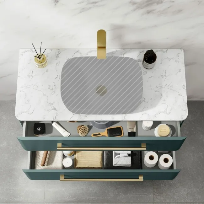 Omaha Mystic Green Wall Hung Drawer Vanity with Marble Top 1000mm (Excludes Counter Top Basin) - Brushed Brass Accents