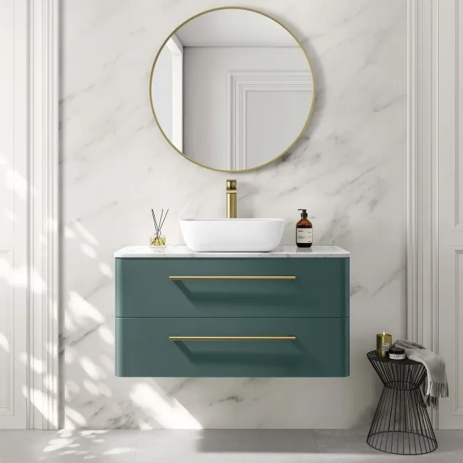 Omaha Mystic Green Wall Hung Drawer Vanity with Marble Top & Curved Counter Top Basin 1000mm - Brushed Brass Accents