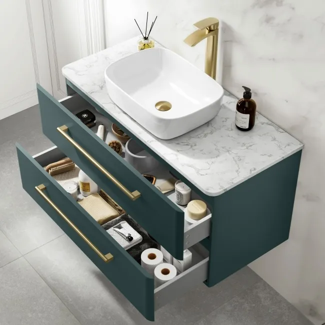 Omaha Mystic Green Wall Hung Drawer Vanity with Marble Top & Curved Counter Top Basin 1000mm - Brushed Brass Accents