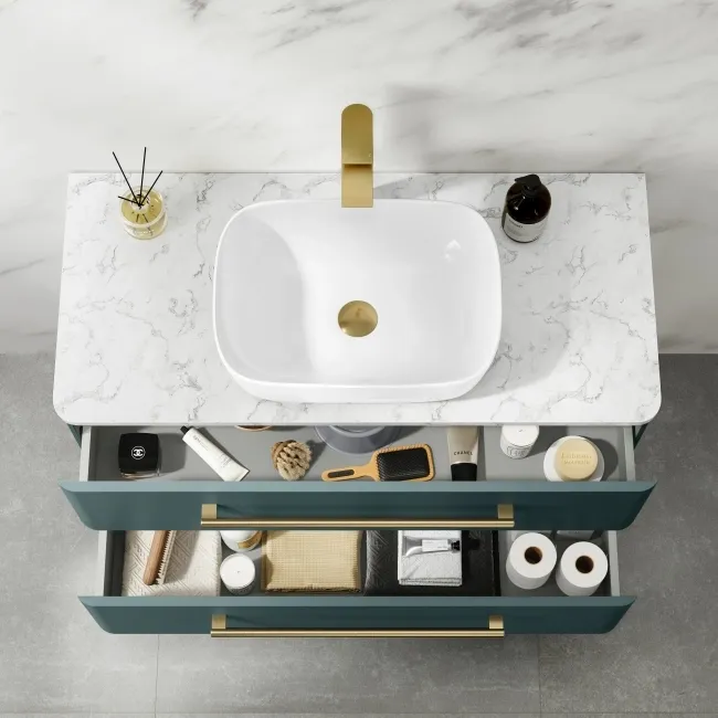 Omaha Mystic Green Wall Hung Drawer Vanity with Marble Top & Curved Counter Top Basin 1000mm - Brushed Brass Accents