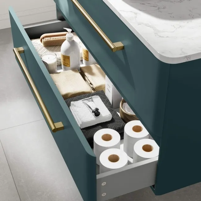 Omaha Mystic Green Wall Hung Drawer Vanity with Marble Top & Curved Counter Top Basin 1000mm - Brushed Brass Accents