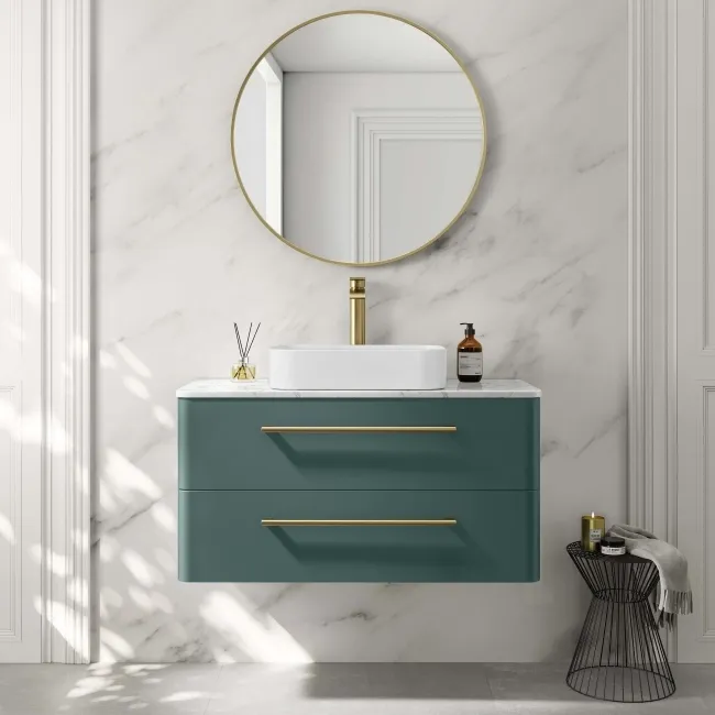 Omaha Mystic Green Wall Hung Drawer Vanity with Marble Top & Marin Basin 1000mm - Brushed Brass Accents