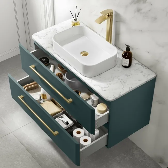 Omaha Mystic Green Wall Hung Drawer Vanity with Marble Top & Marin Basin 1000mm - Brushed Brass Accents
