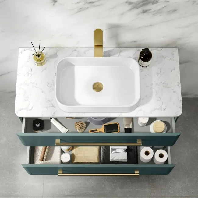 Omaha Mystic Green Wall Hung Drawer Vanity with Marble Top & Marin Basin 1000mm - Brushed Brass Accents