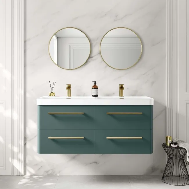 Omaha Mystic Green Wall Hung Double Basin Drawer Vanity 1200mm - Brushed Brass Accents