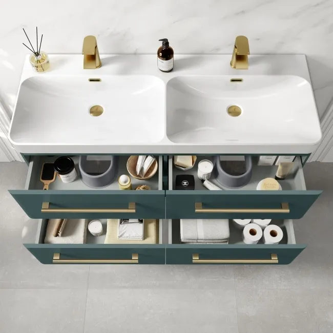 Omaha Mystic Green Wall Hung Double Basin Drawer Vanity 1200mm - Brushed Brass Accents