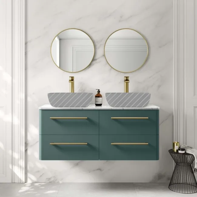 Omaha Mystic Green Wall Hung Drawer Vanity with Marble Top 1200mm (Excludes Counter Top Basin) - Brushed Brass Accents
