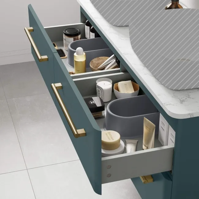 Omaha Mystic Green Wall Hung Drawer Vanity with Marble Top 1200mm (Excludes Counter Top Basin) - Brushed Brass Accents
