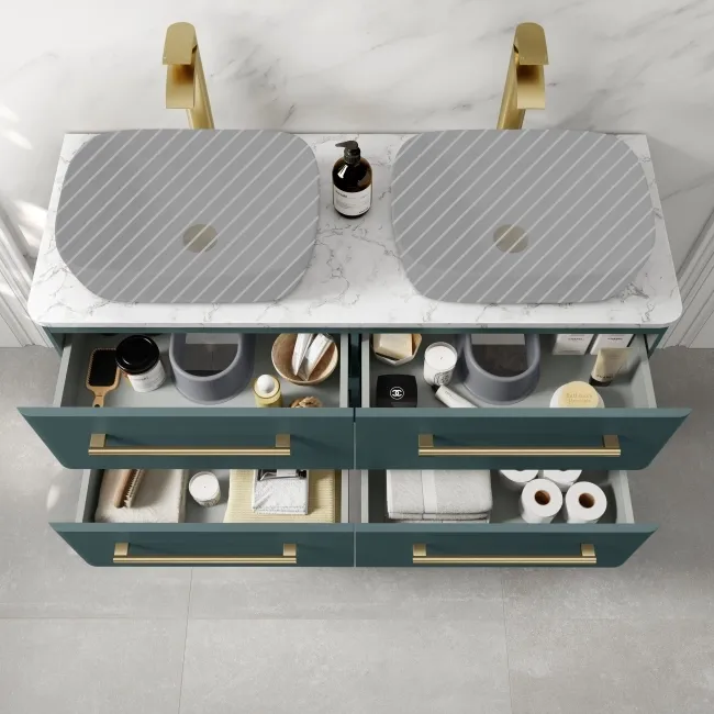 Omaha Mystic Green Wall Hung Drawer Vanity with Marble Top 1200mm (Excludes Counter Top Basin) - Brushed Brass Accents