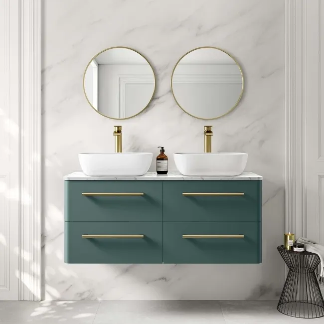 Omaha Mystic Green Wall Hung Drawer Vanity with Marble Top & Curved Counter Top Basin 1200mm - Brushed Brass Accents