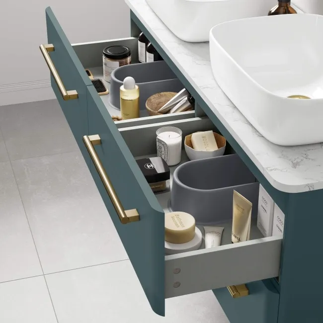 Omaha Mystic Green Wall Hung Drawer Vanity with Marble Top & Curved Counter Top Basin 1200mm - Brushed Brass Accents